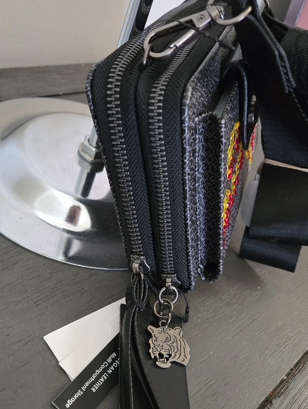 Ed Hardy Black Crossbody Wallet with Yellow & Red Tiger Graphic